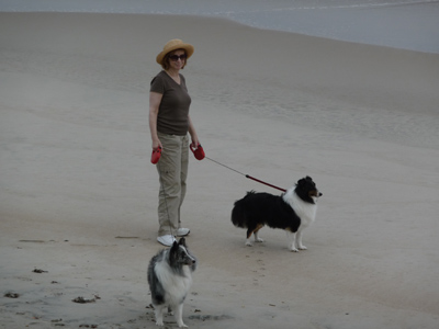 di and pups on beach